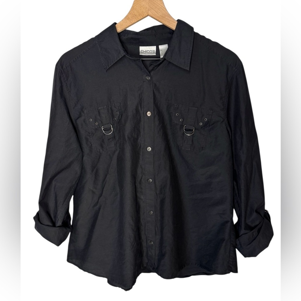 Chicos Women’s Cotton Silk Black Utility Riveted Button Up Top Blouse Sz XL
